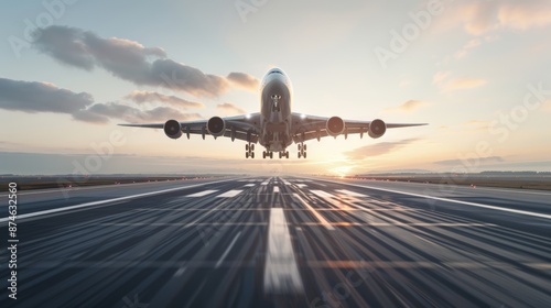 A commercial airplane takes off from a runway at sunset. The plane is silhouetted against the golden sky.