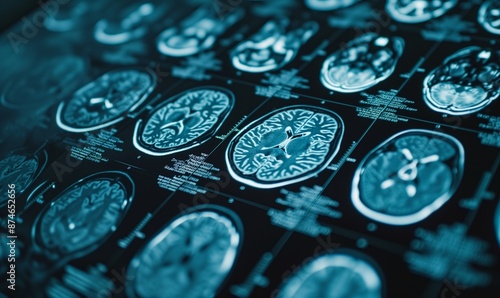 Multiple MRI brain scans showing different angles and sections. Medical imaging for neurology, brain health, and disease diagnosis.