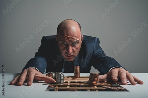 businessman in a suit with a bald head reaching out to a stack of coins standing on the ground, pushing a trap door on the floor
