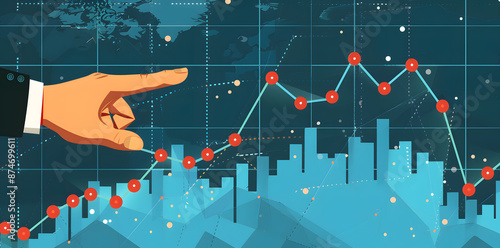 Economic growth and financial data concept with an investment market profit. Businessman pointing finger at a successful finance business chart and analyzing sales data. Includes stock market, strateg