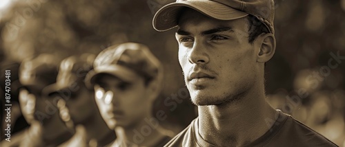 Young army recruits stand in formation, showing determination and focus during a military training session in sepia tone.