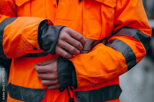 Detailed view of a worker's hands adjusting a high visibility orange safety jacket with reflective stripes