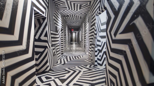 A hallway that appears to have no beginning or end with the walls covered in constantly shifting geometric patterns and shapes.