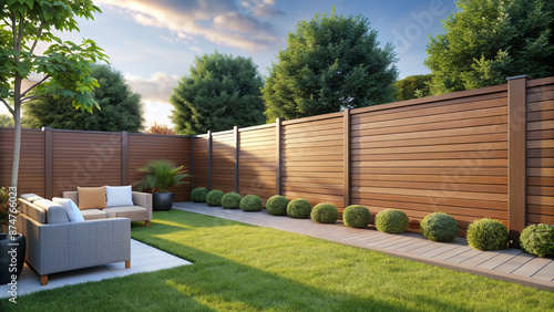 A serene backyard oasis is elevated by a sleek, modern composite privacy fence with horizontal boards and a warm, earthy color scheme.