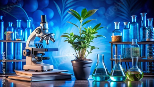 Celebrate National Science Day with a blue-hued scene featuring a microscope, test tubes, textbook, and flourishing plant, honoring Nobel laureate C V Raman.