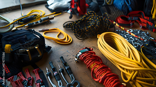 Collection of climbing equipment including ropes, harnesses, and carabiners on a wooden surface, ready for an outdoor adventure.