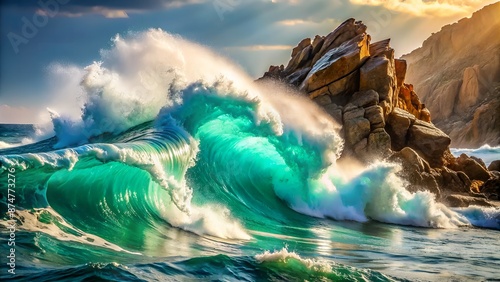 Vibrant turquoise water splashes against a rugged rock formation, creating a dynamic wave motion, with sunlight dancing across the spray and ocean mist.