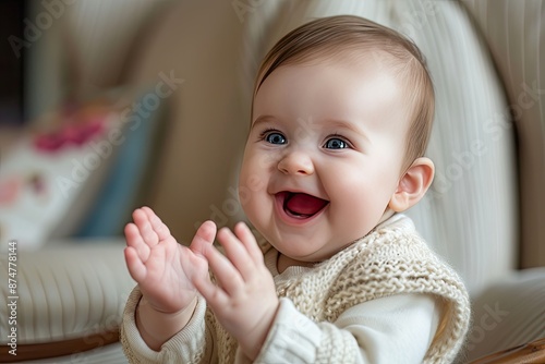 a baby is smiling and clapping while sitting on a chair, joyful baby clapping hands in pure excitement