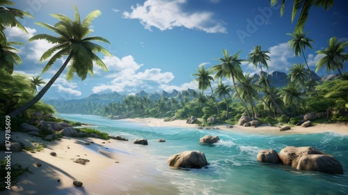 A tropical island with a treasure hunt, complete with maps, sandy beaches, and palm trees