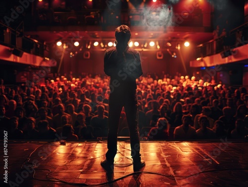 View from behind of a man performing on stage with a large audience, singer and stand up theme.