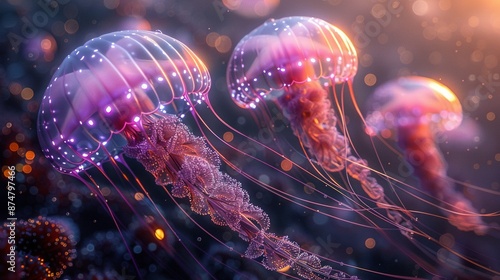  Jellyfish float on ocean floor; blue-pink background