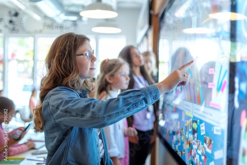 A young female teacher leads a classroom discussion, pointing to a digital display showing a colorful graphic. Students listen intently as she interacts with the touchscreen technology