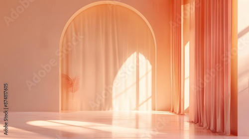 Peach pastel luxury studio gradient wall and floor background in empty room with bright light. 