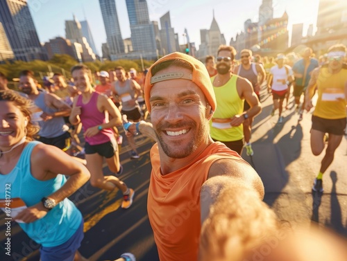 Marathon runner takes selfie with city backdrop among other runners in crowd. Concept Marathon Running, Selfie, City Backdrop, Group of Runners, Fitness Community