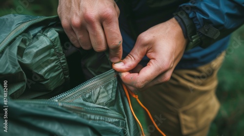 Hands fumbling with a zipper on a tent pouch, ready for the nights shelter