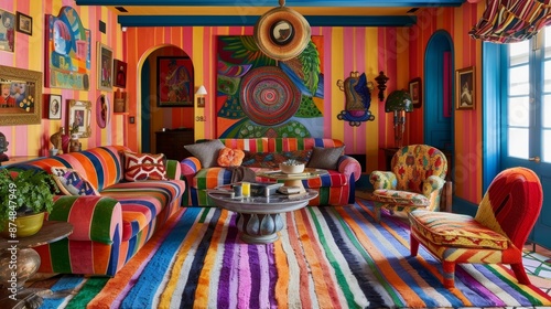 This vibrant living room exudes maximalist charm featuring an abundance of colorful stripes and statementmaking decor.