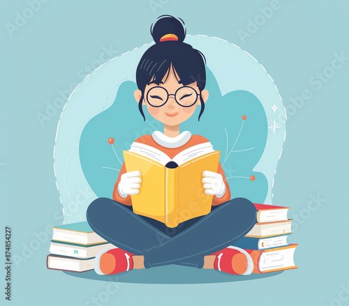 Cartoon Illustration of an Asian Girl Reading and Studying Learning Book, Book Lover Cartoon Style