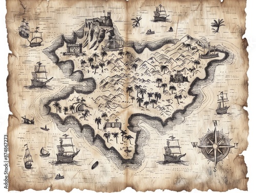 Pirate Island Map with Ships