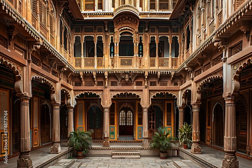 View of an Indian haveli a grand mansion house with intricate carved wooden facades and courtyard