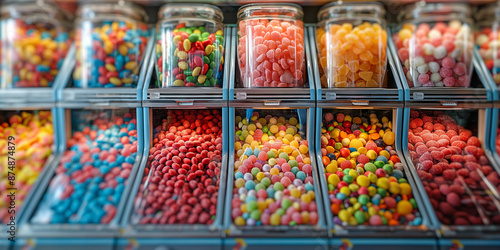 Assorted colorful candies in clear bins at a candy store. Concept of sweets, indulgence, and childhood nostalgia