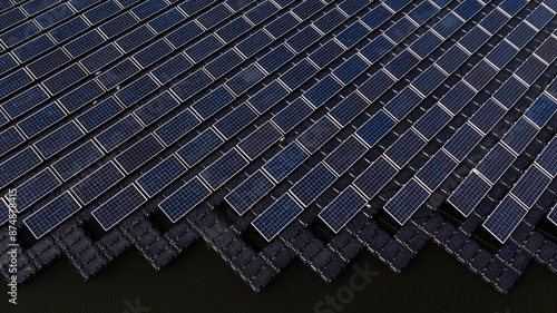 Aerial view solar cell panels farm power plant on water, Solar cell panels farm power plant eco technology alternative sustainable resources and renewable energy, Solar panel environment friendly.