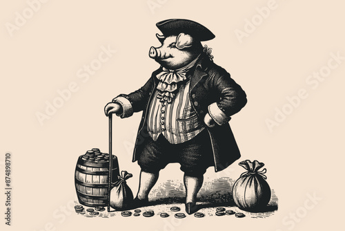 Pig aristocrat in 17th-18th century clothes. Vintage retro engraving illustration. Black icon, logo, label. isolated element. 