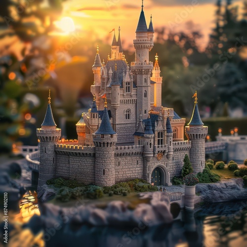 disneyland castle at sunset with a lake and trees