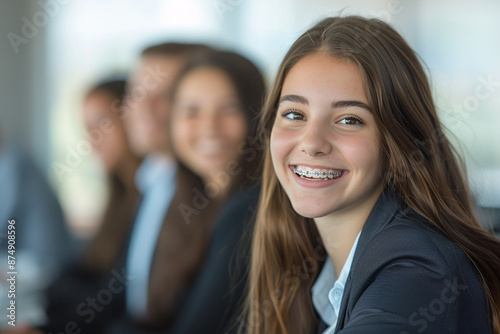 A young girl with braces smiling confidently in a group setting, with people blurred in the background. Perfect for orthodontic promotions and youth lifestyle themes.