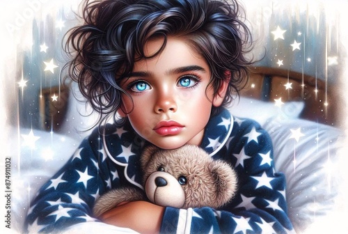 Fotografía hiperrealista, niño pequeño con pijama azul y estrellas junto a su oso de peluche, hora de ir a dormir, a la camita, ilustración 3D