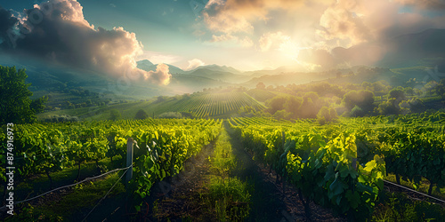 a vineyard with a path leading through it under a cloudy sky., sunset over the field