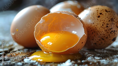 Chicken egg yolk dripping onto a plain marble surface on a white background, and one cracked with egg yolk flowing down the surface, concept on protein for staple food products