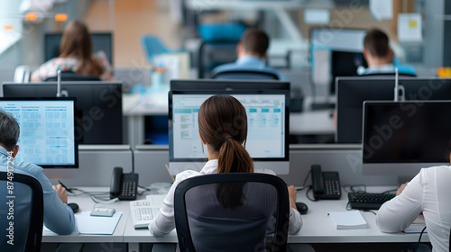 A busy office environment with multiple employees working at their computers, showcasing a bustling professional setting.