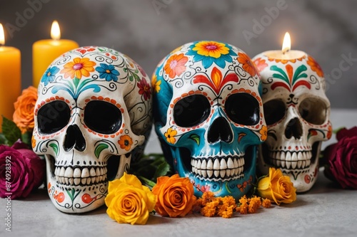 Painted skulls for Mexico's Day of the Dead (El Dia de Muertos), flowers and candles on light background