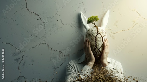 Surreal Conceptual Art of Person with Cracked Egg Head and Growing Tree Symbolizing Growth and Renewal
