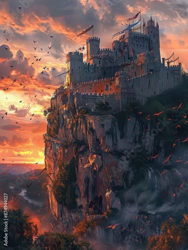 a castle on top of a cliff with a sunset behind it