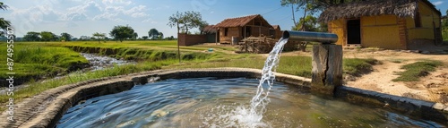 Innovative water purification system in a rural village, symbolizing clean water access