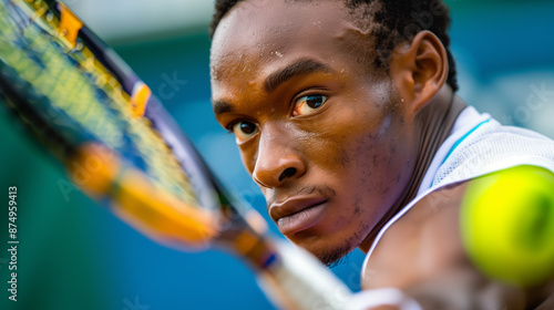 Close-up to a professional tennis player training on the court before competitions