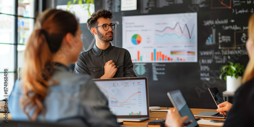 A person measuring business results and communicating it to their team in the boardroom