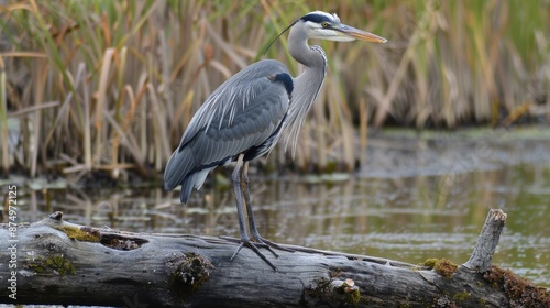 Great blue heron perched on a log in a marsh, waiting patiently for prey.