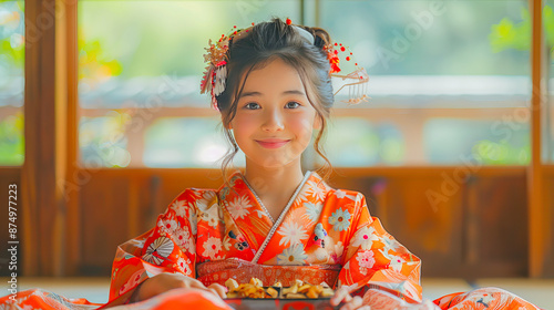 Japanese girl wearing traditional kimono smiling and holding typical food