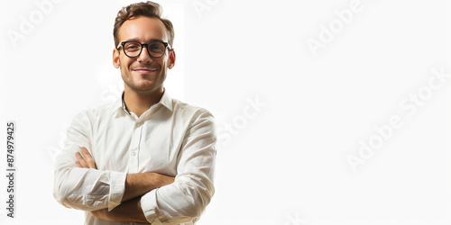 A modern business person in smart casual dress isolated against a white background