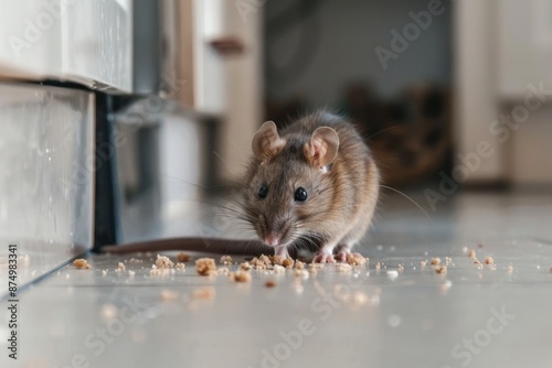 closeup of rat eating crumbs on kitchen floor