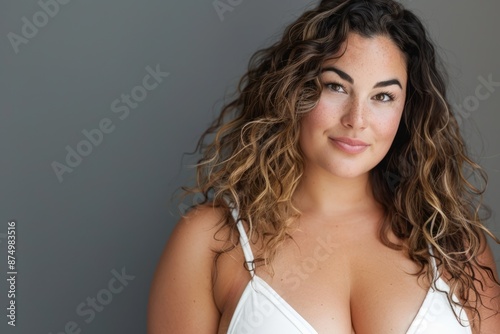 Close-up portrait of a confident, curvy woman in white bikini posing against a grey background