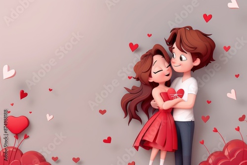 Cute cartoon couple hugging with hearts, love and affection, vector art