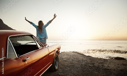 Freedom, adventure and woman by car for road trip watching sunset on summer vacation or holiday. Travel, beach and back of person by sea with vehicle for happiness with self discovery in Italy.