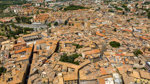 Aerial view of the Civic Tower in Piazza Plebiscito in Viterbo, Lazio, Italy. It is one of the symbols of the historic center of the city.