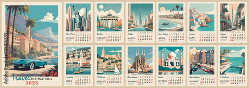 Wall Travel destinations calendar for 2025. Vertical design with famous places poster designs. Vector colorful illustration page template A3, A2 for printable monthly calendar. Week starts on Sunday.