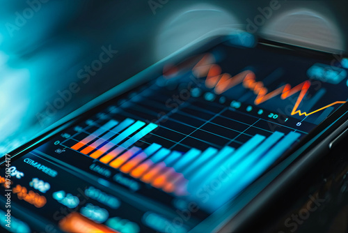 Working on a mobile phone or smartphone, displaying data and a histogram illustrating financial, business, or investment growth concepts