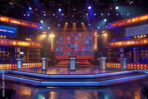 A brightly lit game show set with a large, colorful grid wall, multiple podiums, and a stage with steps. Generative AI