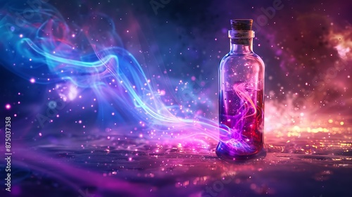 A beautiful and mysterious image of a magic potion bottle with a glowing liquid inside.